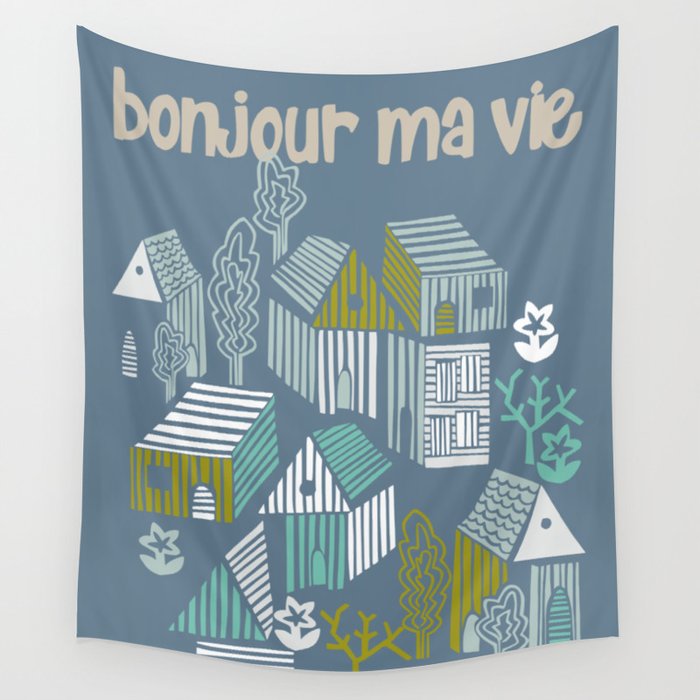 bonjour ma vie; City life collection blue teal Wall Tapestry Gallery Image 1