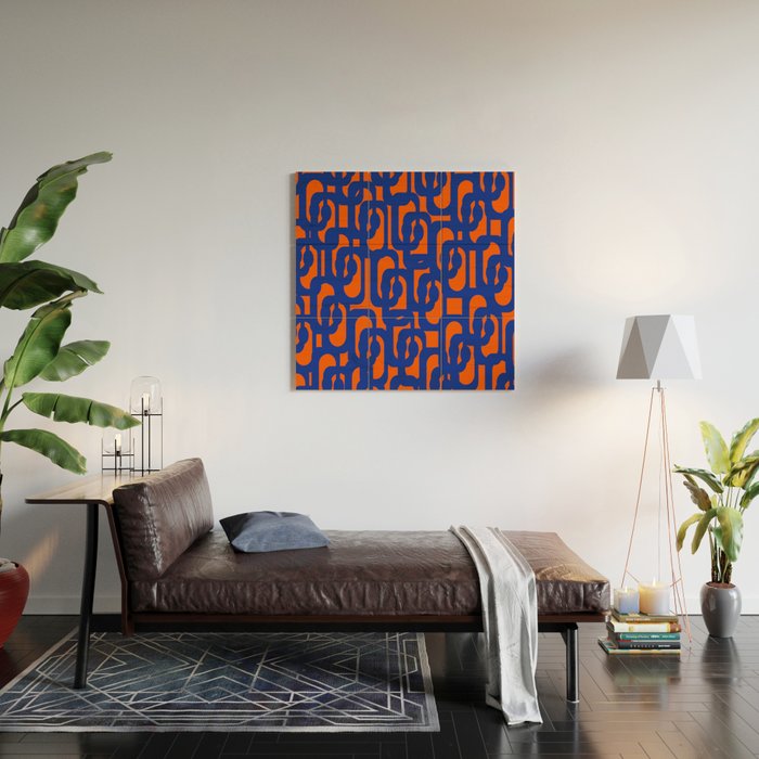 Contemporary Abstract Loop Pattern in Bright Blue and Orange Wood Wall Art Gallery Image 2