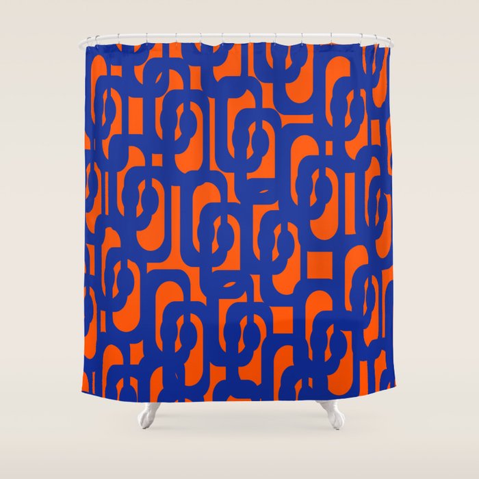 Contemporary Abstract Loop Pattern in Bright Blue and Orange Shower Curtain Gallery Image 1