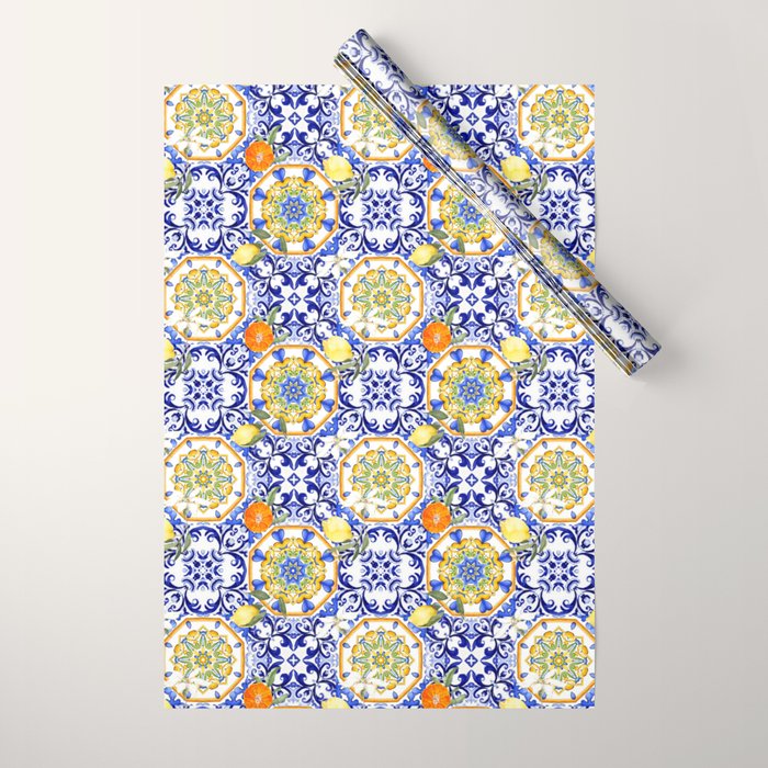 Majolica,summer,lemon,Sicilian style art Wrapping Paper