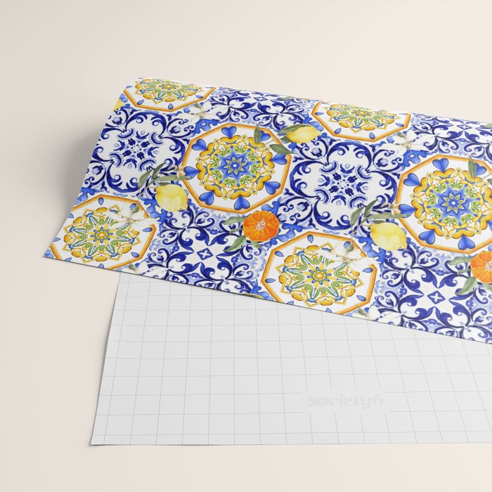 Majolica,summer,lemon,Sicilian style art Wrapping Paper Gallery Image 2