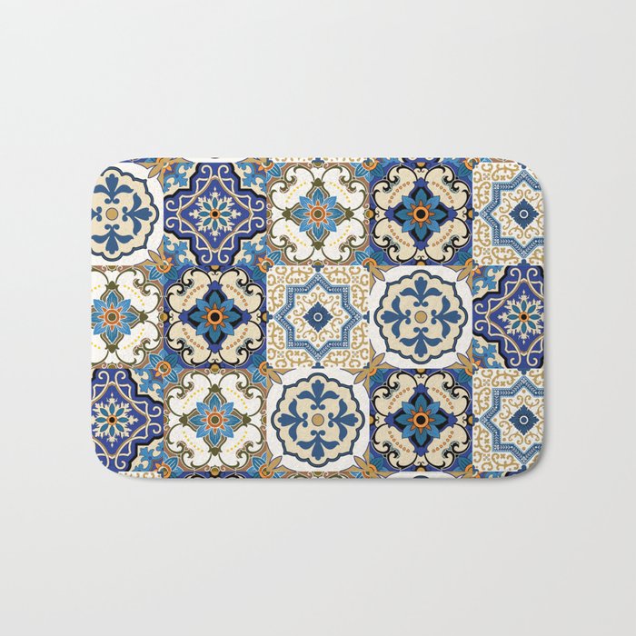 Mediterranean Vintage Portuguese Tile Pattern Blue White & Gold Art Bath Mat Gallery Image 1