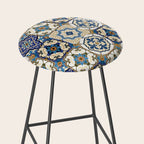 Mediterranean Vintage Portuguese Tile Pattern Blue White & Gold Art Stool Gallery Image 2