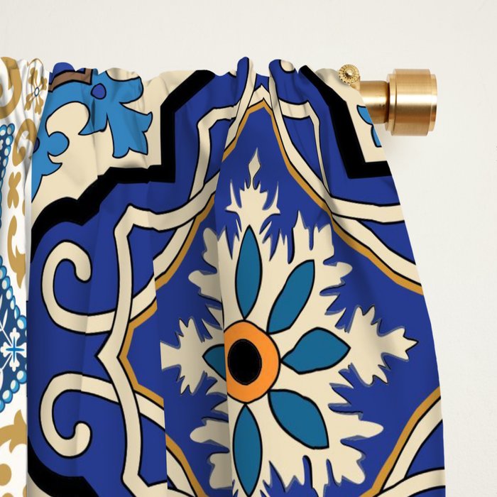 Mediterranean Vintage Portuguese Tile Pattern Blue White & Gold Art Window Curtain Gallery Image 2
