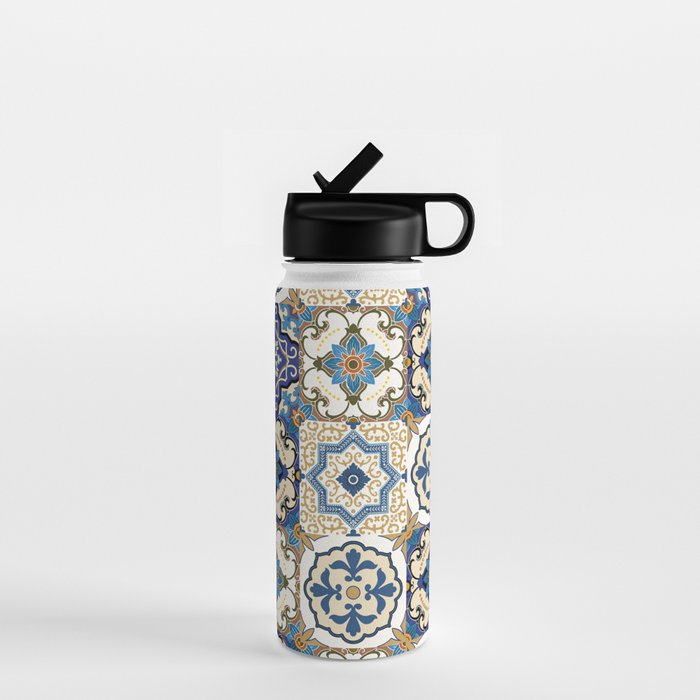 Mediterranean Vintage Portuguese Tile Pattern Blue White & Gold Art Water Bottle Gallery Image 1