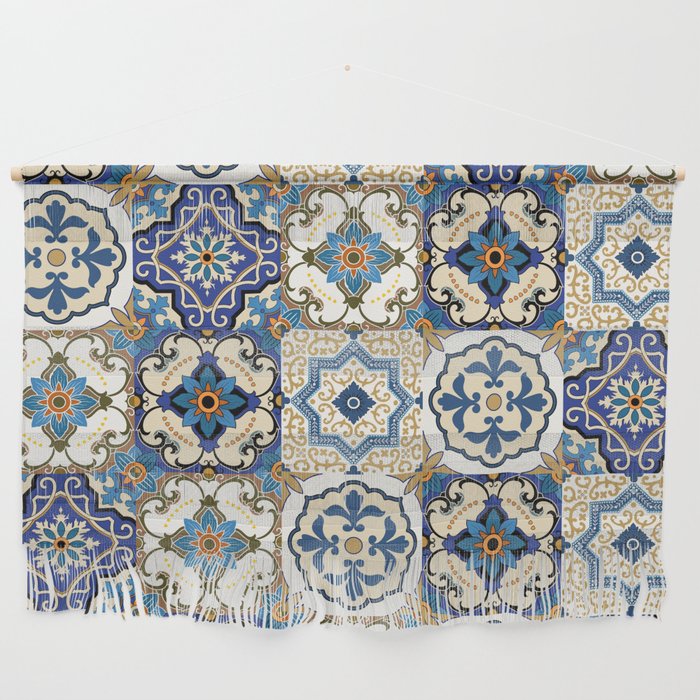 Mediterranean Vintage Portuguese Tile Pattern Blue White & Gold Art Wall Hanging Gallery Image 1