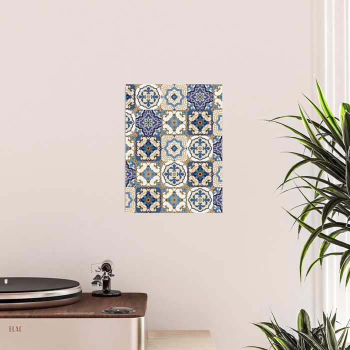 Mediterranean Vintage Portuguese Tile Pattern Blue White & Gold Art Poster Gallery Image 2
