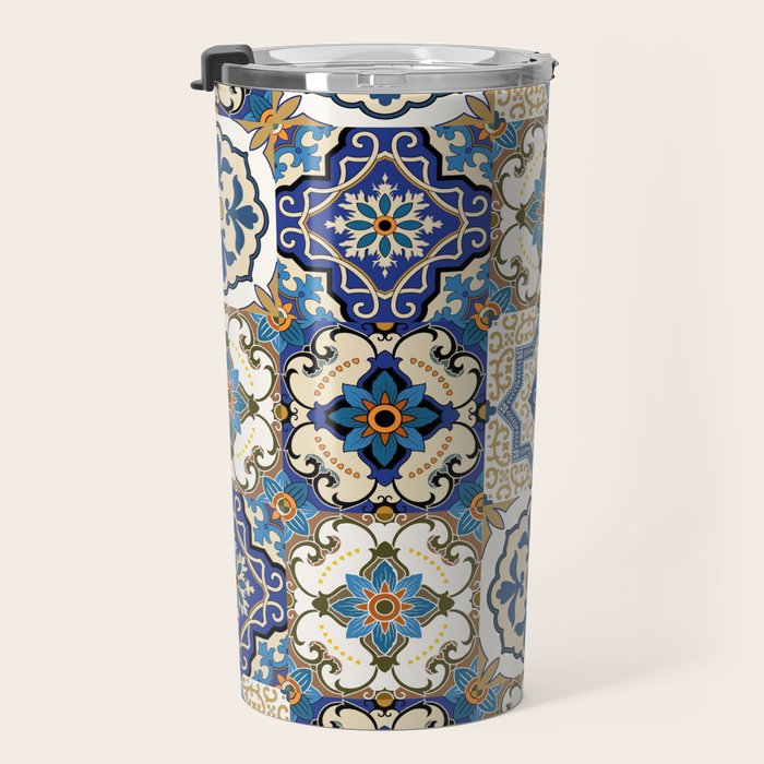 Mediterranean Vintage Portuguese Tile Pattern Blue White & Gold Art Travel Mug Gallery Image 3