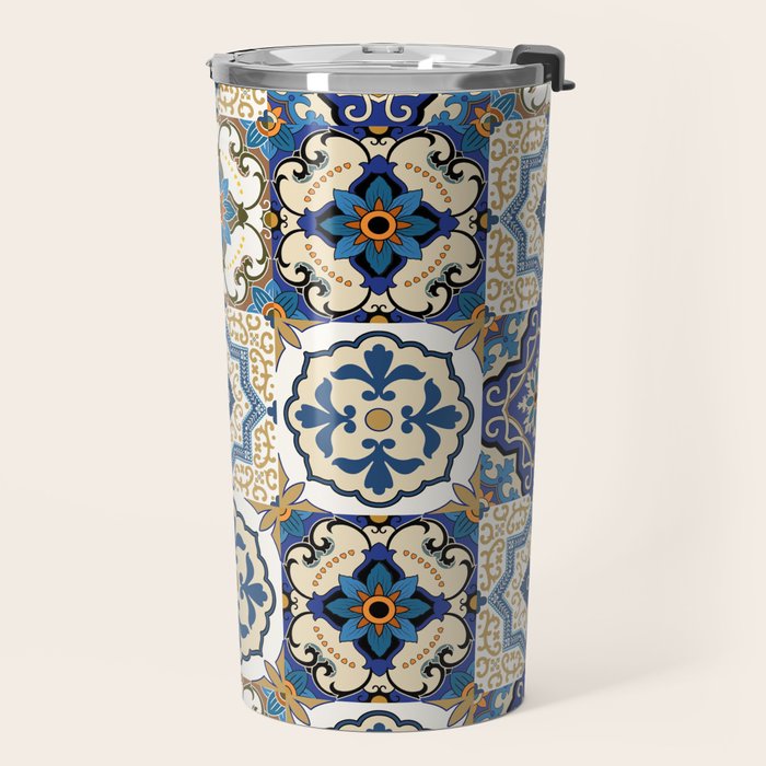Mediterranean Vintage Portuguese Tile Pattern Blue White & Gold Art Travel Mug Gallery Image 2