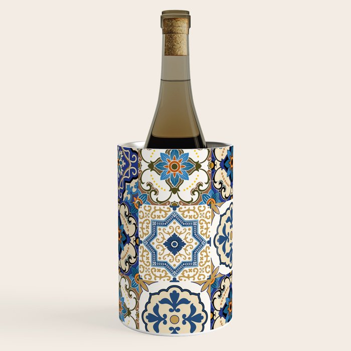 Mediterranean Vintage Portuguese Tile Pattern Blue White & Gold Art Wine Chiller Gallery Image 1