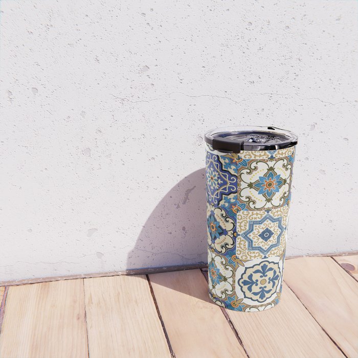Mediterranean Vintage Portuguese Tile Pattern Blue White & Gold Art Travel Mug Gallery Image 4