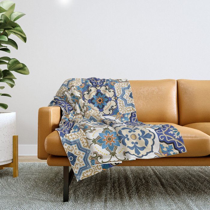 Mediterranean Vintage Portuguese Tile Pattern Blue White & Gold Art Throw Blanket Gallery Image 1