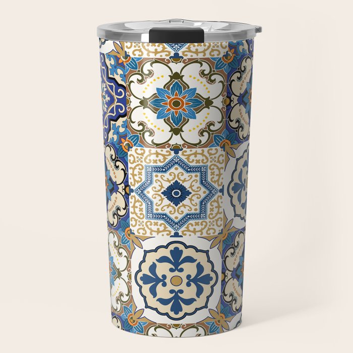 Mediterranean Vintage Portuguese Tile Pattern Blue White & Gold Art Travel Mug Gallery Image 1