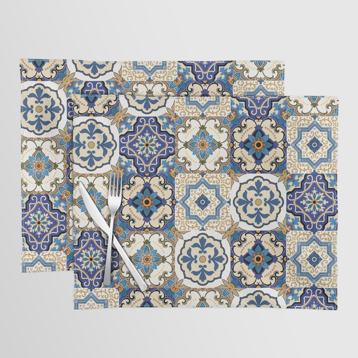 Mediterranean Vintage Portuguese Tile Pattern Blue White & Gold Art Placemat Gallery Image 1