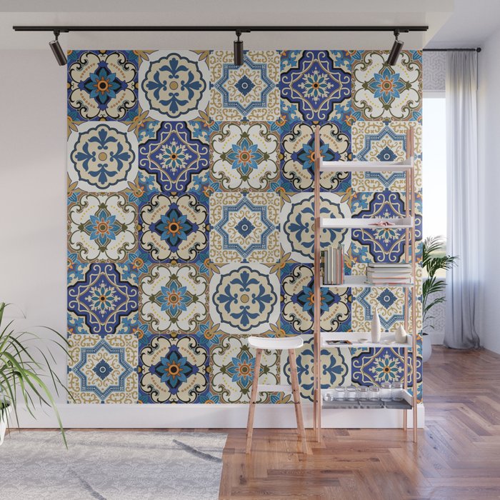 Mediterranean Vintage Portuguese Tile Pattern Blue White & Gold Art Wall Mural Gallery Image 1