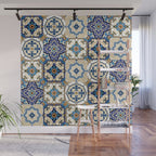 Mediterranean Vintage Portuguese Tile Pattern Blue White & Gold Art Wall Mural Gallery Image 1