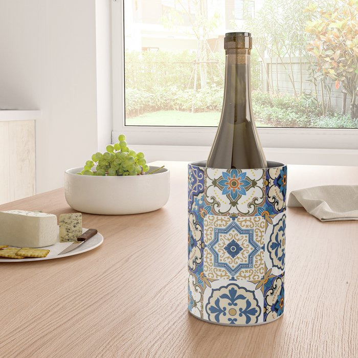 Mediterranean Vintage Portuguese Tile Pattern Blue White & Gold Art Wine Chiller Gallery Image 4