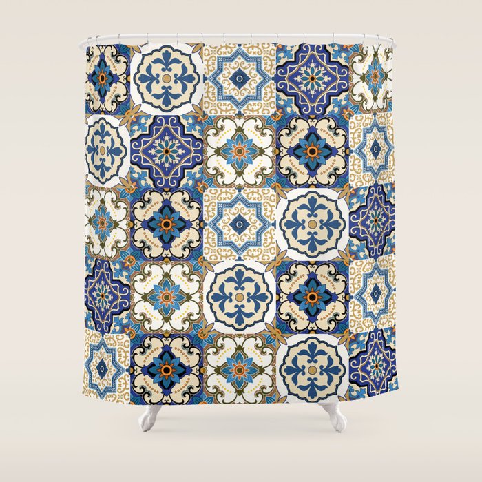 Mediterranean Vintage Portuguese Tile Pattern Blue White & Gold Art Shower Curtain Gallery Image 1