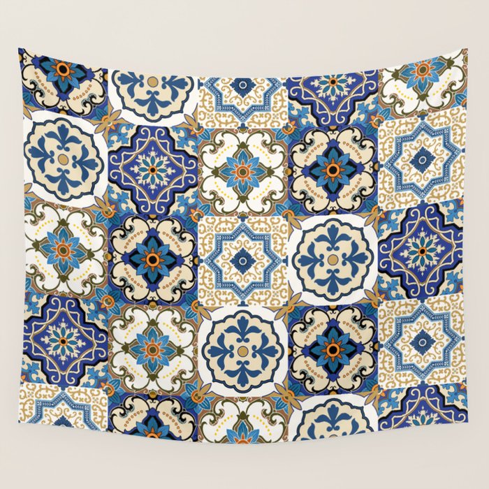 Mediterranean Vintage Portuguese Tile Pattern Blue White & Gold Art Wall Tapestry Gallery Image 4