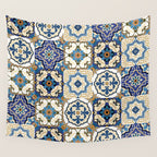 Mediterranean Vintage Portuguese Tile Pattern Blue White & Gold Art Wall Tapestry Gallery Image 4