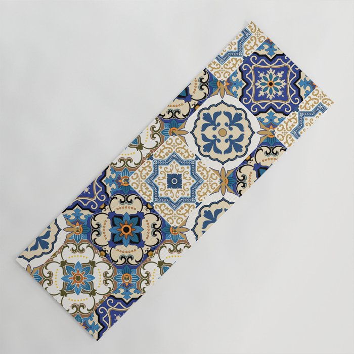 Mediterranean Vintage Portuguese Tile Pattern Blue White & Gold Art Yoga Mat Gallery Image 1
