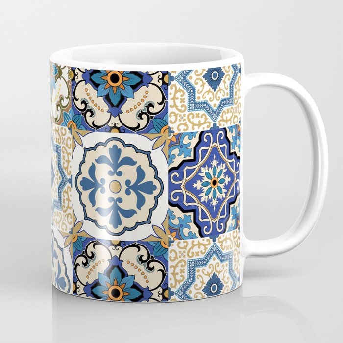 Mediterranean Vintage Portuguese Tile Pattern Blue White & Gold Art Coffee Mug Gallery Image 1