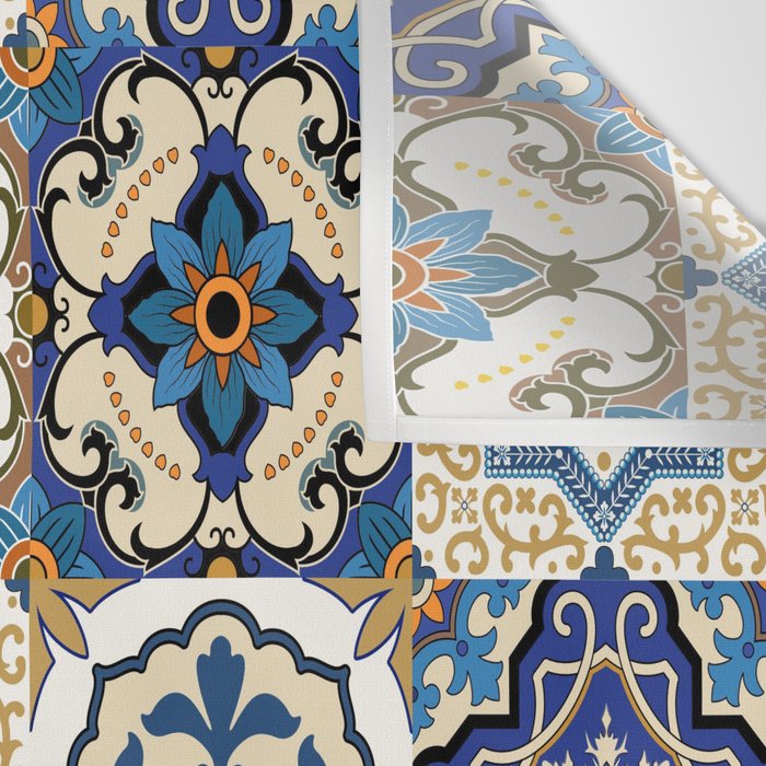 Mediterranean Vintage Portuguese Tile Pattern Blue White & Gold Art Wall Tapestry Gallery Image 3