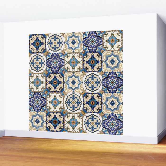 Mediterranean Vintage Portuguese Tile Pattern Blue White & Gold Art Wall Mural Gallery Image 2