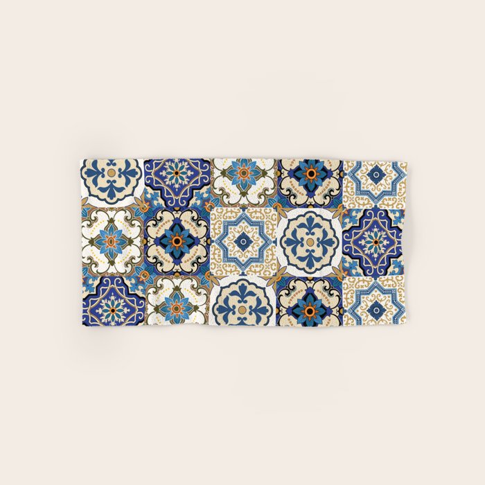 Mediterranean Vintage Portuguese Tile Pattern Blue White & Gold Art Bath Towel Gallery Image 1
