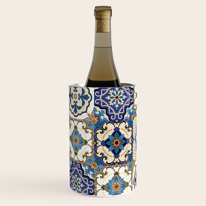 Mediterranean Vintage Portuguese Tile Pattern Blue White & Gold Art Wine Chiller Gallery Image 2