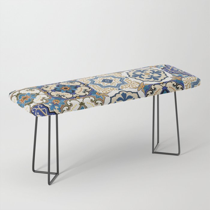 Mediterranean Vintage Portuguese Tile Pattern Blue White & Gold Art Bench Gallery Image 1