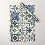 Mediterranean Vintage Portuguese Tile Pattern Blue White & Gold Art Wrapping Paper Gallery Image 1