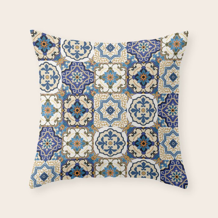 Mediterranean Vintage Portuguese Tile Pattern Blue White & Gold Art Throw Pillow Gallery Image 6