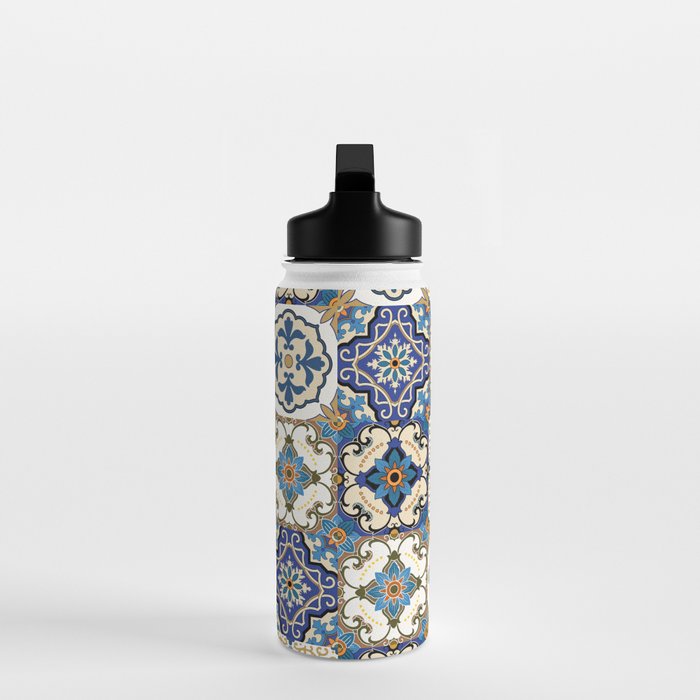 Mediterranean Vintage Portuguese Tile Pattern Blue White & Gold Art Water Bottle Gallery Image 3