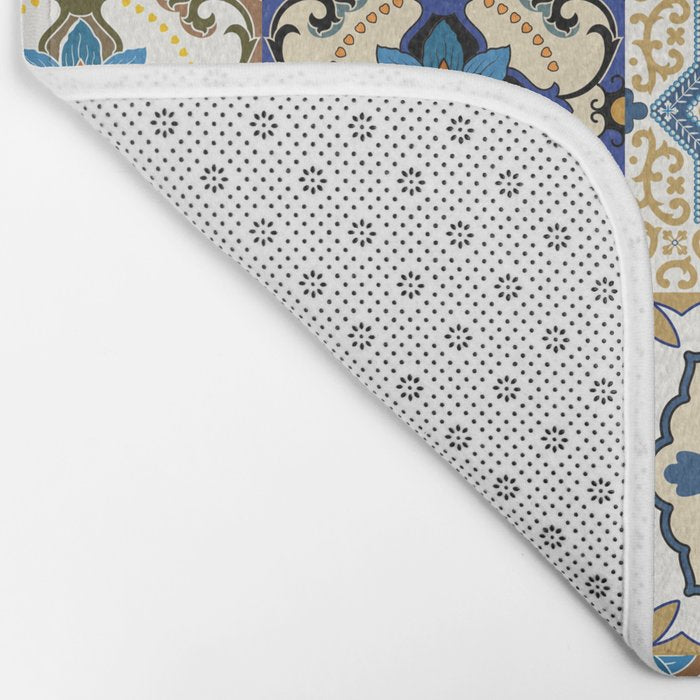 Mediterranean Vintage Portuguese Tile Pattern Blue White & Gold Art Bath Mat Gallery Image 2