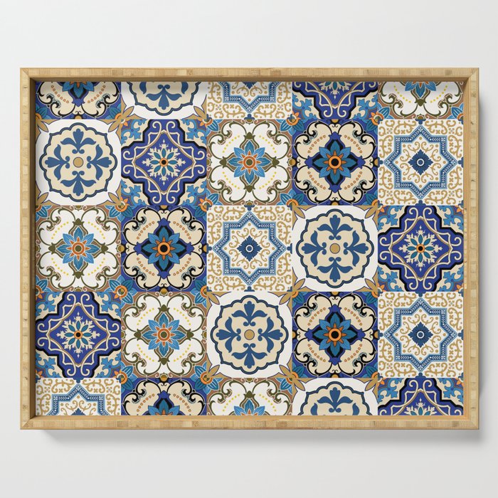 Mediterranean Vintage Portuguese Tile Pattern Blue White & Gold Art Serving Tray Gallery Image 1