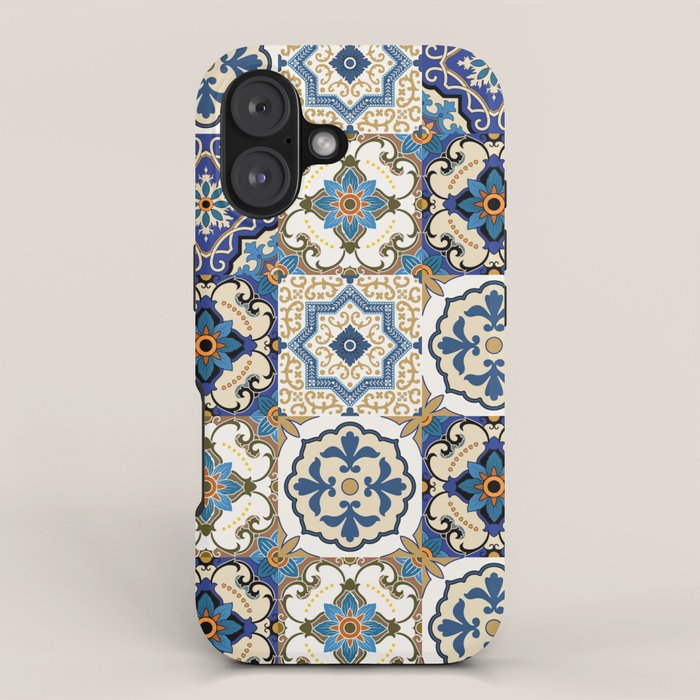 Mediterranean Vintage Portuguese Tile Pattern Blue White & Gold Art iPhone Case Gallery Image 1