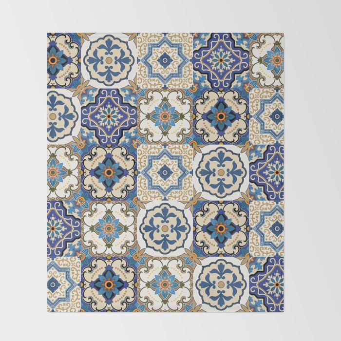 Mediterranean Vintage Portuguese Tile Pattern Blue White & Gold Art Throw Blanket Gallery Image 2
