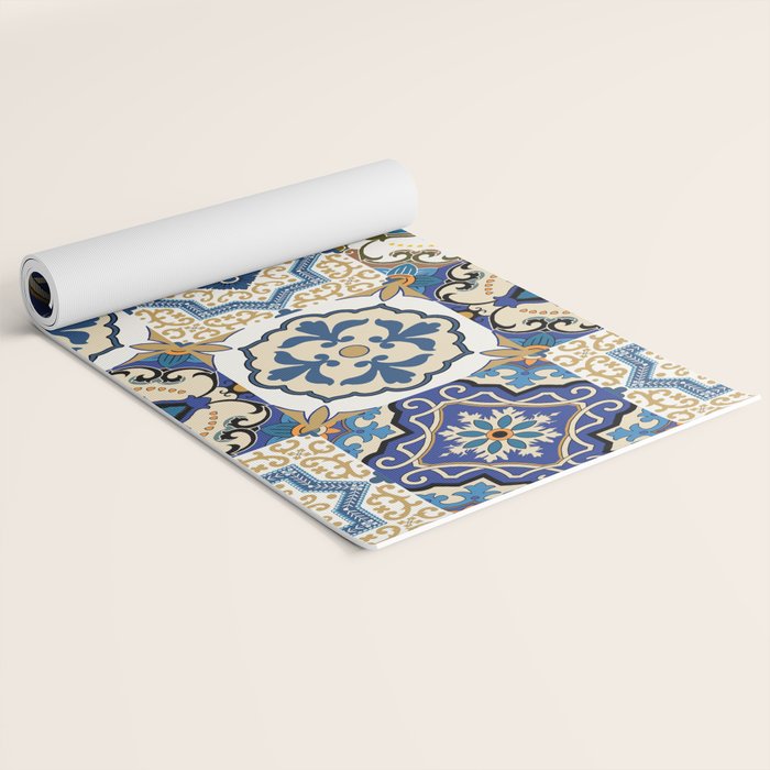 Mediterranean Vintage Portuguese Tile Pattern Blue White & Gold Art Yoga Mat Gallery Image 2