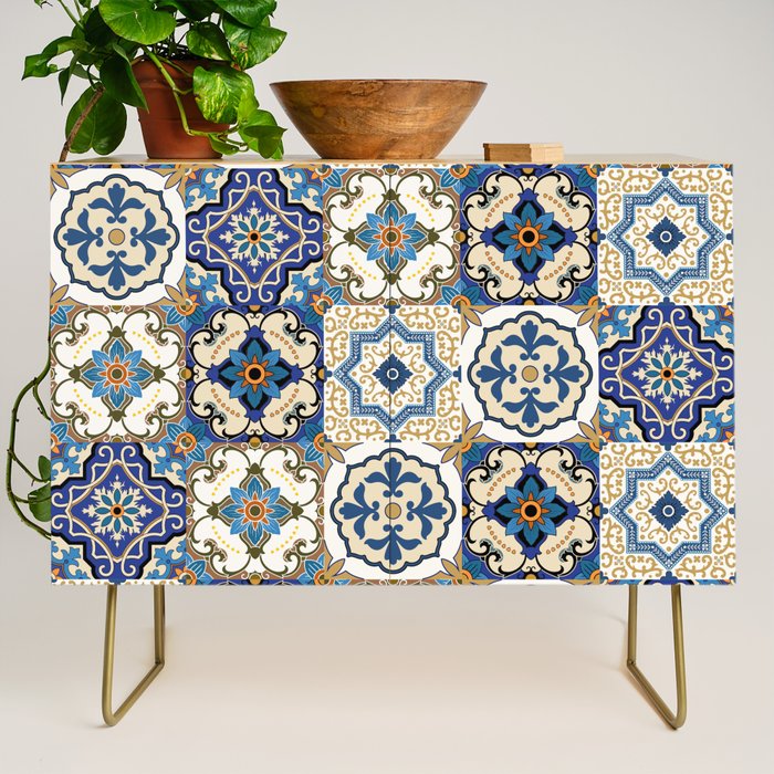 Mediterranean Vintage Portuguese Tile Pattern Blue White & Gold Art Credenza Gallery Image 1