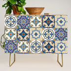 Mediterranean Vintage Portuguese Tile Pattern Blue White & Gold Art Credenza Gallery Image 1