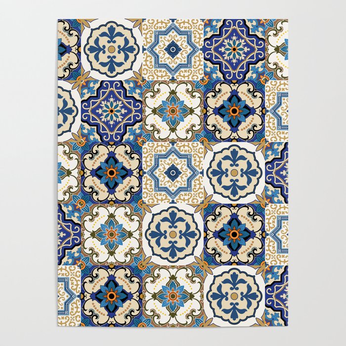 Mediterranean Vintage Portuguese Tile Pattern Blue White & Gold Art Poster Gallery Image 1