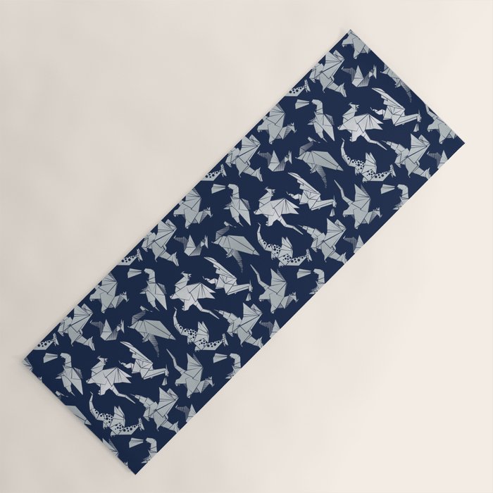 Origami metallic dragon friends // oxford navy blue background metal silver fantasy animals Yoga Mat Gallery Image 1
