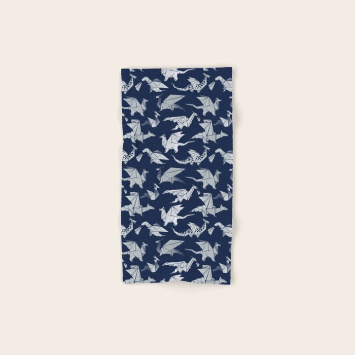 Origami metallic dragon friends // oxford navy blue background metal silver fantasy animals Bath Towel Gallery Image 1