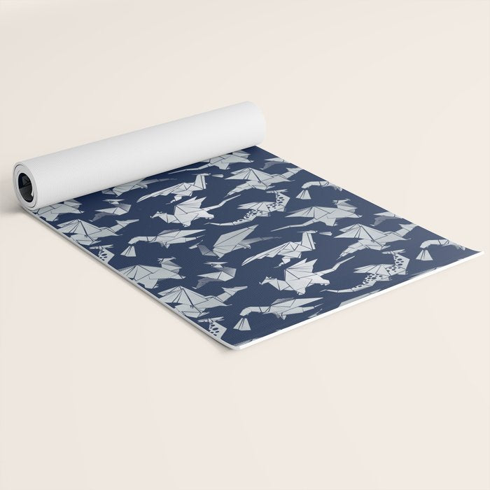 Origami metallic dragon friends // oxford navy blue background metal silver fantasy animals Yoga Mat Gallery Image 2