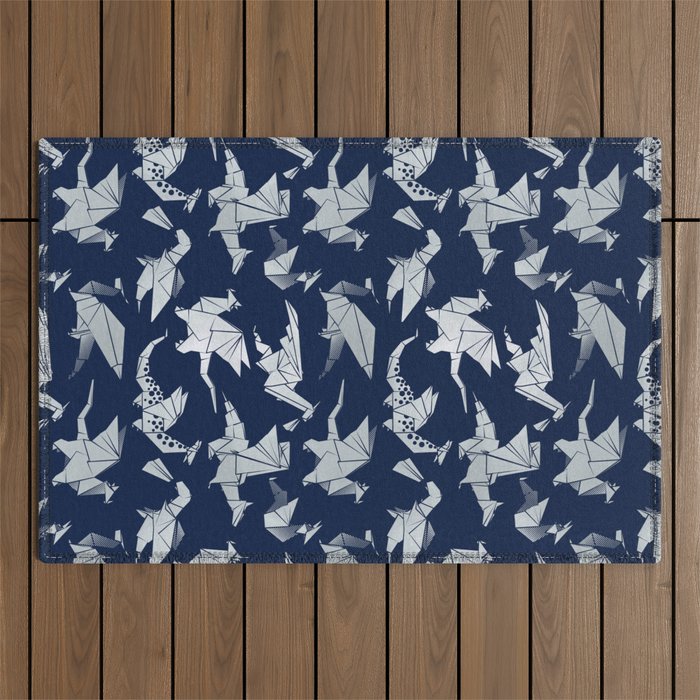 Origami metallic dragon friends // oxford navy blue background metal silver fantasy animals Outdoor Rug Gallery Image 1