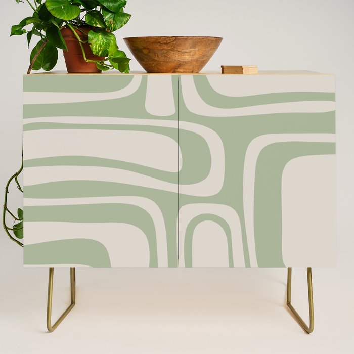 Palm Springs Mid Century Modern Abstract Pattern in Almond and Sage Green Credenza Gallery Image 1