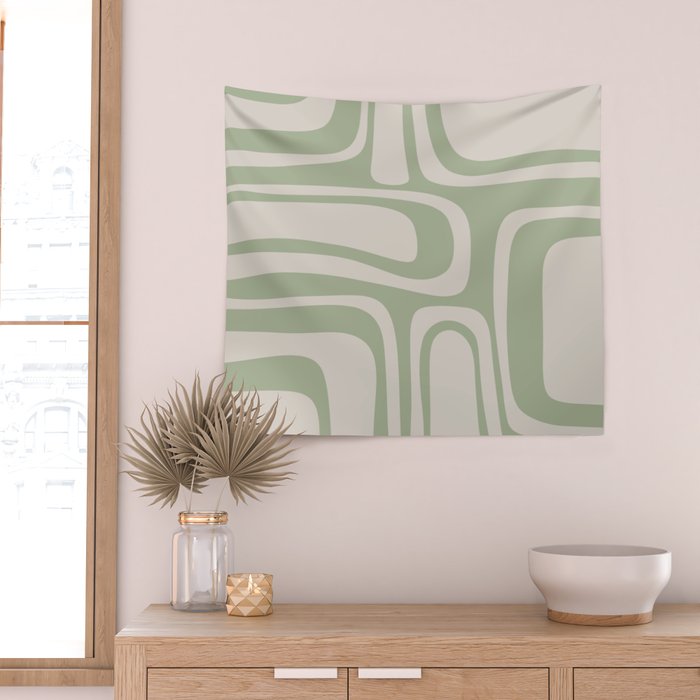 Palm Springs Mid Century Modern Abstract Pattern in Almond and Sage Green Wall Tapestry Gallery Image 2