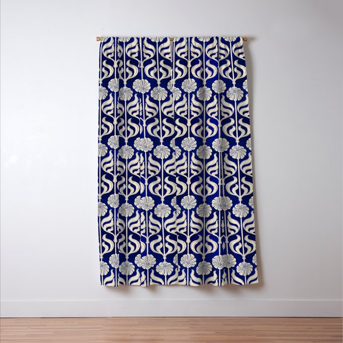 Art Deco Florals On Dark Blue Window Curtain Gallery Image 3