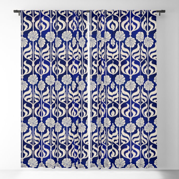 Art Deco Florals On Dark Blue Window Curtain Gallery Image 1